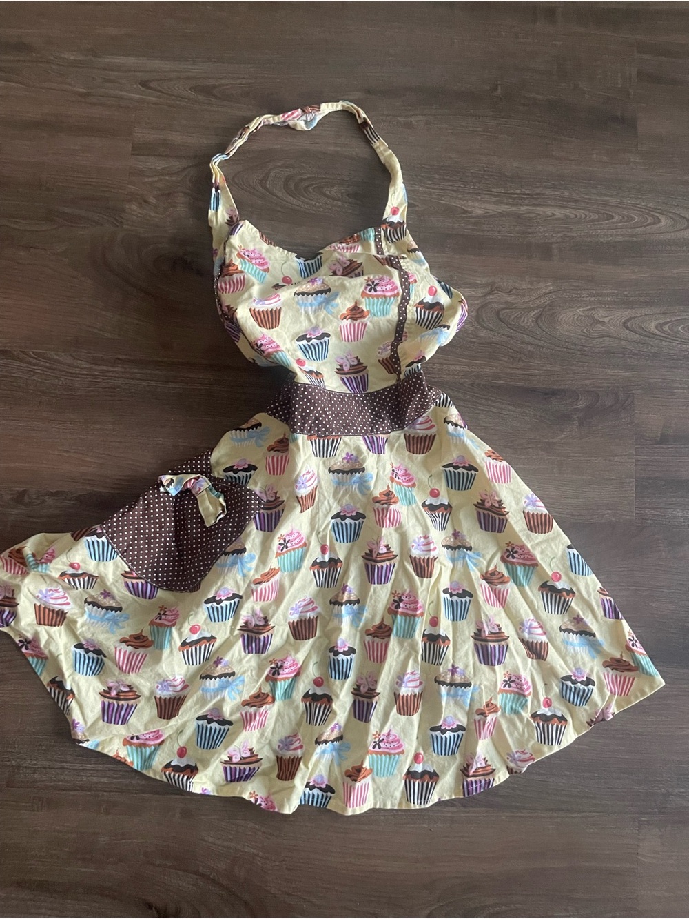 Boojiboo handmade Cupcake Print Apron with Polka Dot Waistband - Yellow & Brown